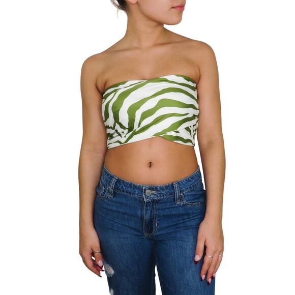 Shein Lime Green + White Wrap Front Swirly Zebra Y2k Wrap Top Crop Top - Picture 4 of 6